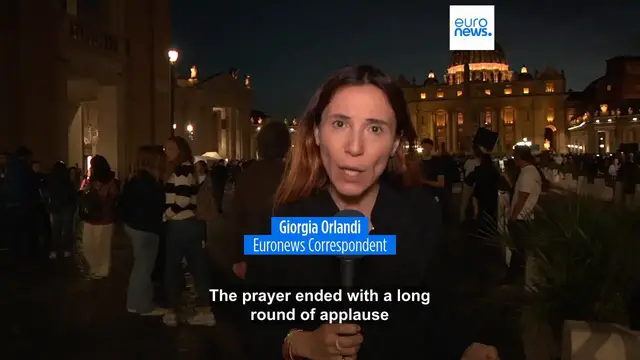 'Video thumbnail for Rosary prayer for late Pope Francis led by Cardinal Mauro Gambetti in St Peter’s Square'