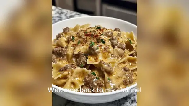 'Video thumbnail for Creamy Parmesan Garlic Beef Bowtie Pasta'