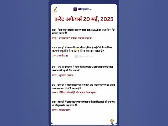 'Video thumbnail for 20 May 2025 Current Affairs in Hindi #hindicurrenttaffairs #gkinhindi #todaycurrentaffairs'
