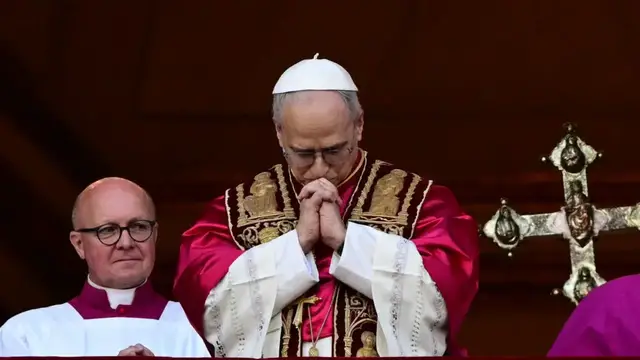 'Video thumbnail for Pope Leo XIV exudes 'calm' in first public address as pontiff'