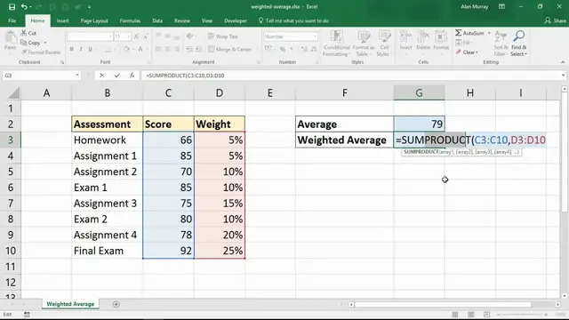 'Video thumbnail for Weighted Average with the SUMPRODUCT Function in Excel - Weighted Mean'