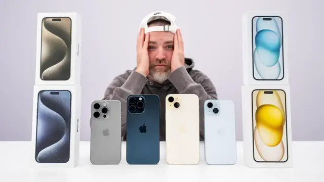 'Video thumbnail for iPhone 15 Unboxing + Comparison (iPhone 15 vs iPhone 15 Plus vs iPhone 15 Pro vs iPhone 15 Pro Max)'
