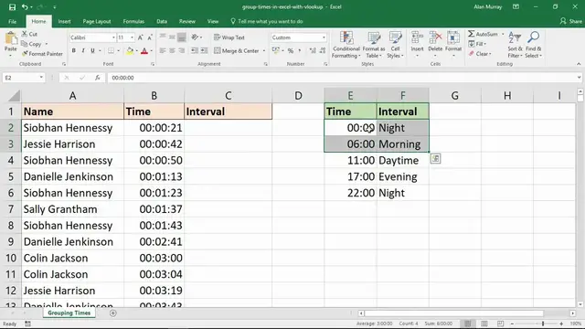 'Video thumbnail for Group Times into Irregular Intervals with VLOOKUP'