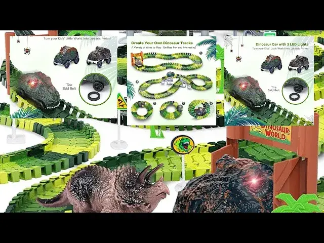 'Video thumbnail for Dinosaur Toys - Create Dinosaur World Road Race, Flexible Track Playset and 2 pcs Cool Dinosaur car'