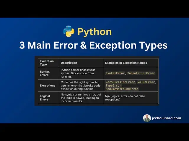 'Video thumbnail for 3 Main Python Error & Exception Types #python #pythonprogramming'