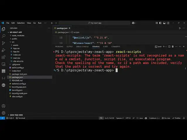 'Video thumbnail for How to Fix react-scripts is not recognized as an internal and external Command Error in Terminal'