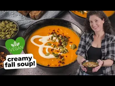 'Video thumbnail for Vegan Carrot and Pumpkin Soup with Ginger for Cool Fall Nights #veganfood #veganrecipes'