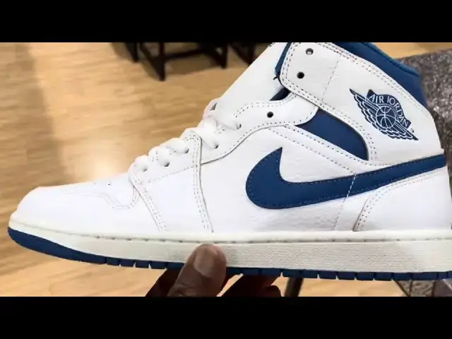 'Video thumbnail for Quick Look At The Air Jordan 1 Mid White Industrial Blue, Available now under retail'