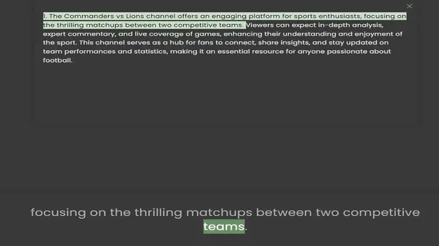 'Video thumbnail for 1. The Commanders vs Lions channel offers an engaging platform for sports enthusiasts, focusing on the thrilling matchups between two competitive teams. Viewers can expect in-depth analysis, expert commentary, and live coverage of games,'