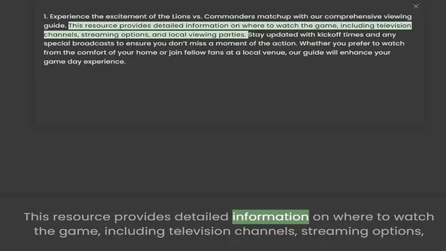 'Video thumbnail for 1. Experience the excitement of the Lions vs. Commanders matchup with our comprehensive viewing guide. This resource provides detailed information on where to watch the game, including television channels, streaming options, and local vie'