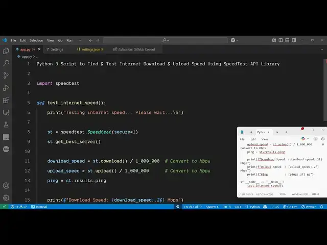 'Video thumbnail for Python 3 Script to Find & Test Internet Download & Upload Speed Using SpeedTest API Library'