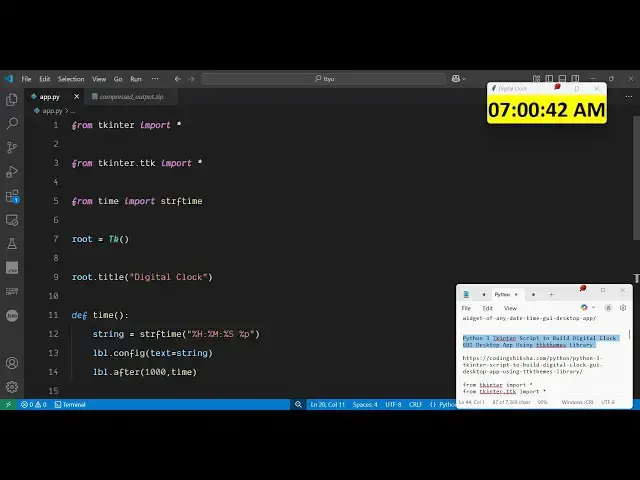 'Video thumbnail for Python 3 Tkinter Script to Build Digital Clock GUI Desktop App Using ttkthemes Library'