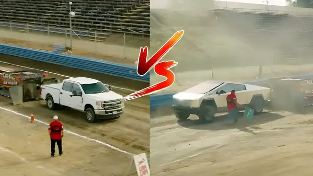 'Video thumbnail for Tesla Cybertruck vs Ford F-350, Rivian R1T, F-150 Lightning at Cybertruck Delivery Event'